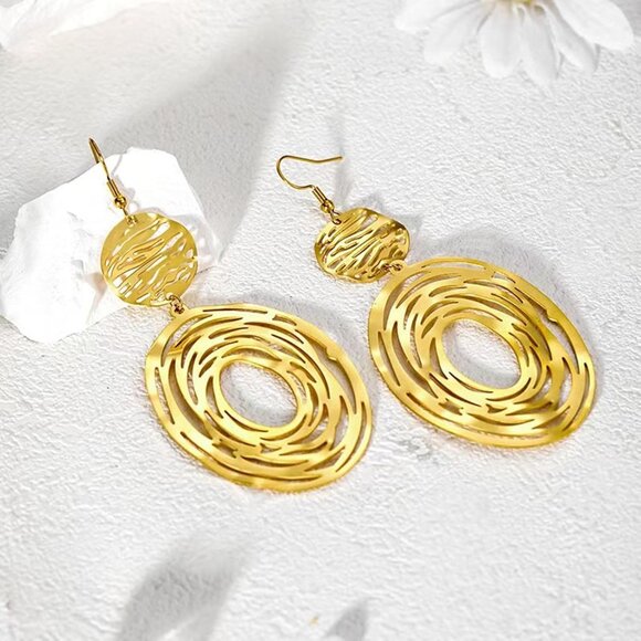 Big Gold Hollow Out Boho Geometric Hook Statement Gold Hoop Dangle Earrings - Picture 3 of 8